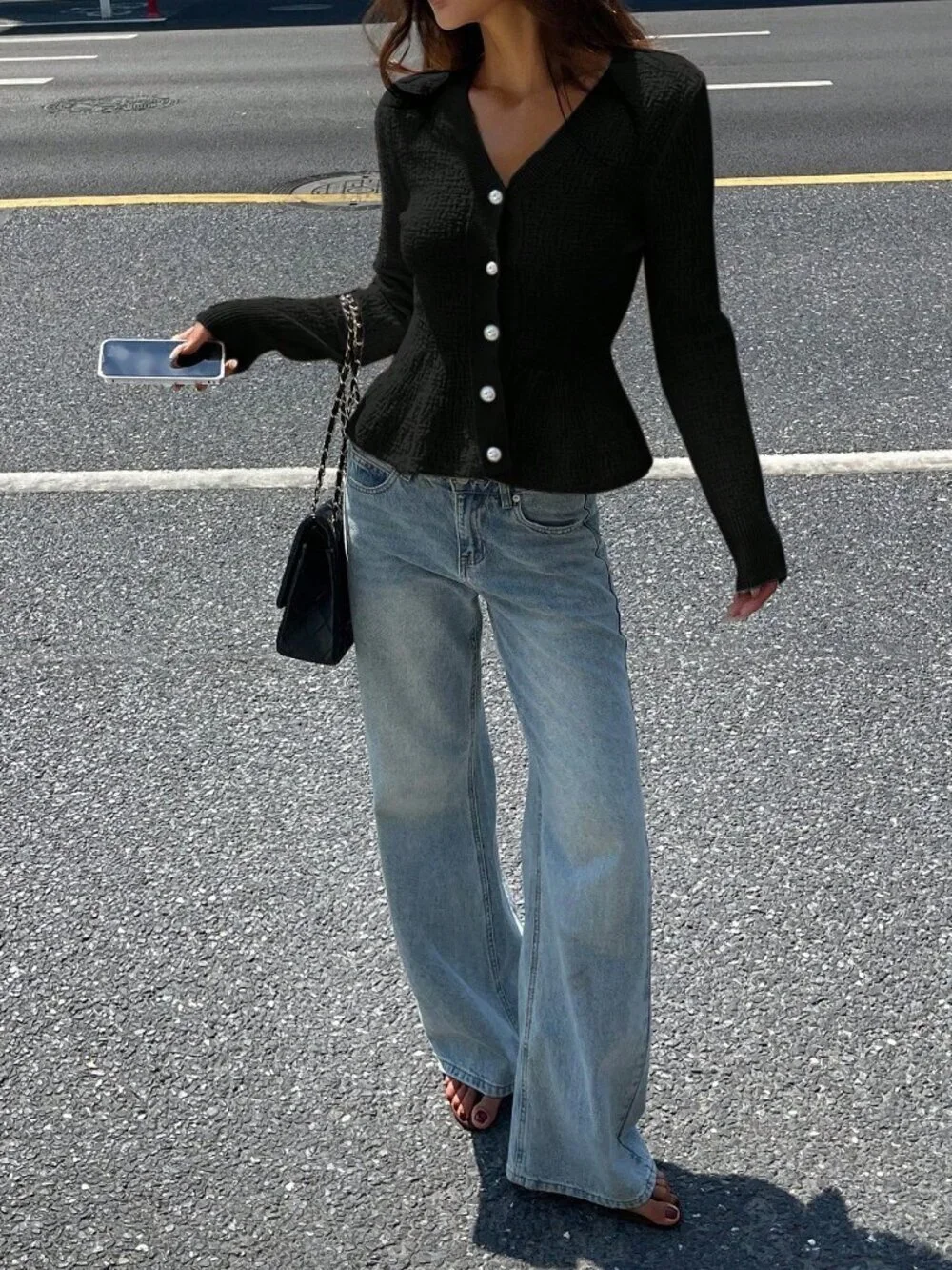 Black Casual Women's Loose Cardigan With Pearl Buttons